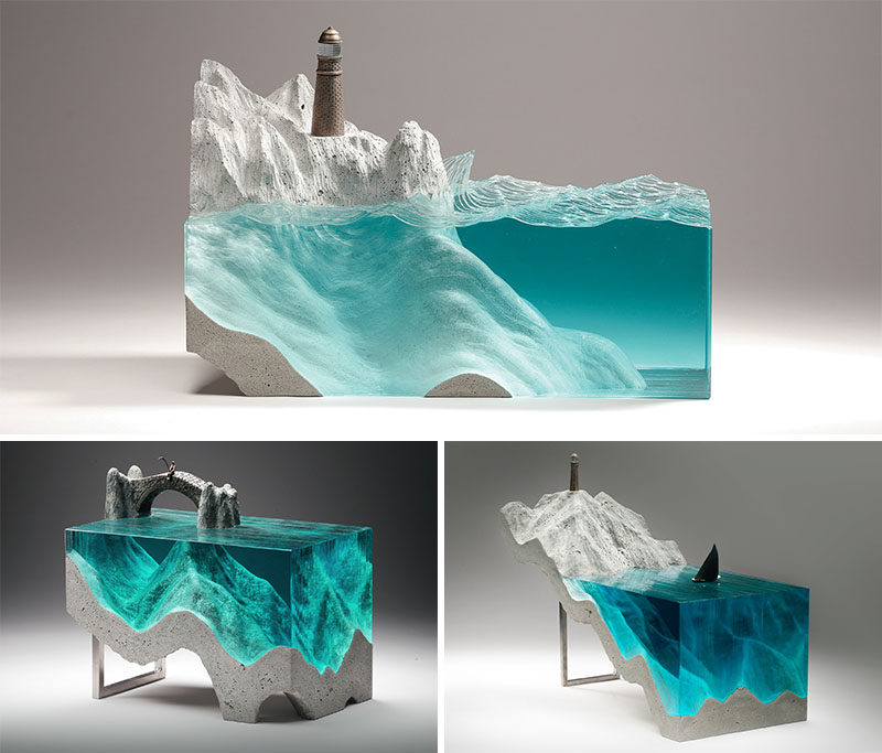 Inspired by landscapes of oceans and bodies of water, Ben Young creates concrete and glass sculptures and each of his pieces are hand drawn, hand cut and hand crafted. #Art #Sculpture #Concrete #Glass