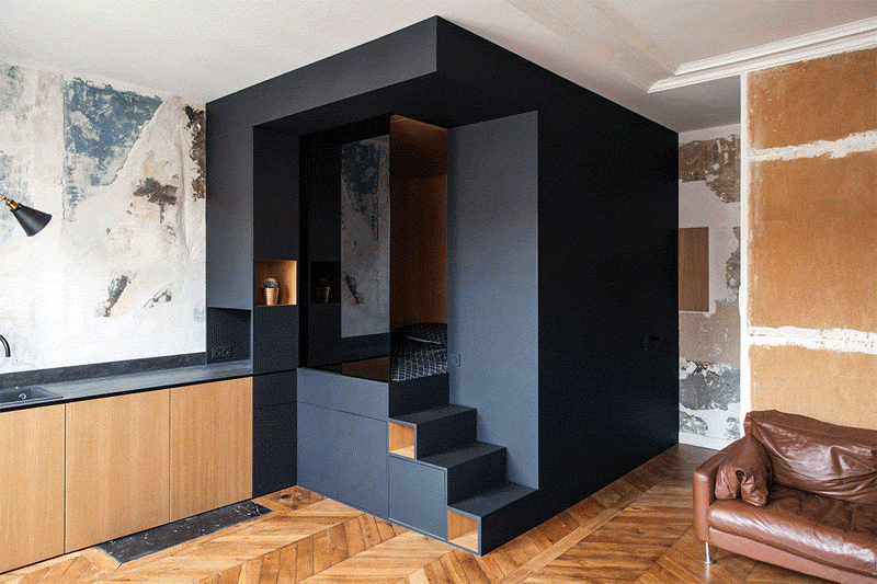 Interior design firm Batiik Studio, have transformed a run down Parisian apartment into to a functional space with a custom built lofted bed unit. #InteriorDesign #LoftBed #SmallApartment #Storage