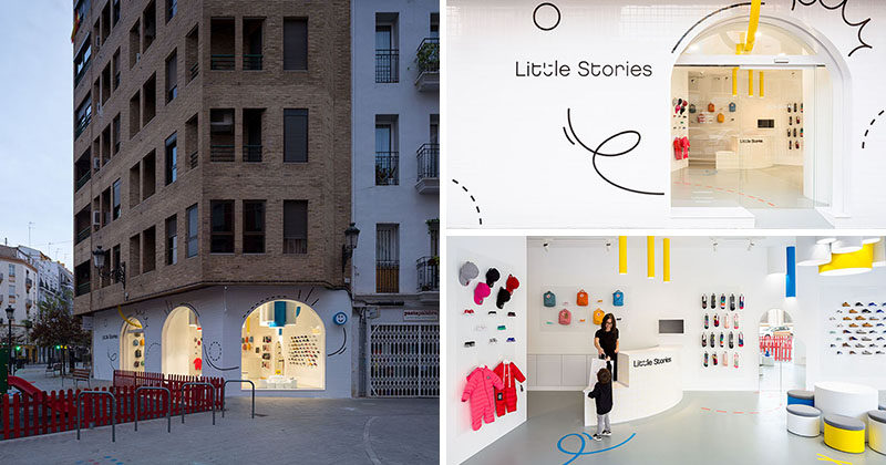 Creative firm CLAP Studio have designed "Little Stories", a modern children's shoe store in Valencia, Spain, that stands out on the street with its bright white facade and interior. #RetailStore #WhiteFacade #StoreDesign