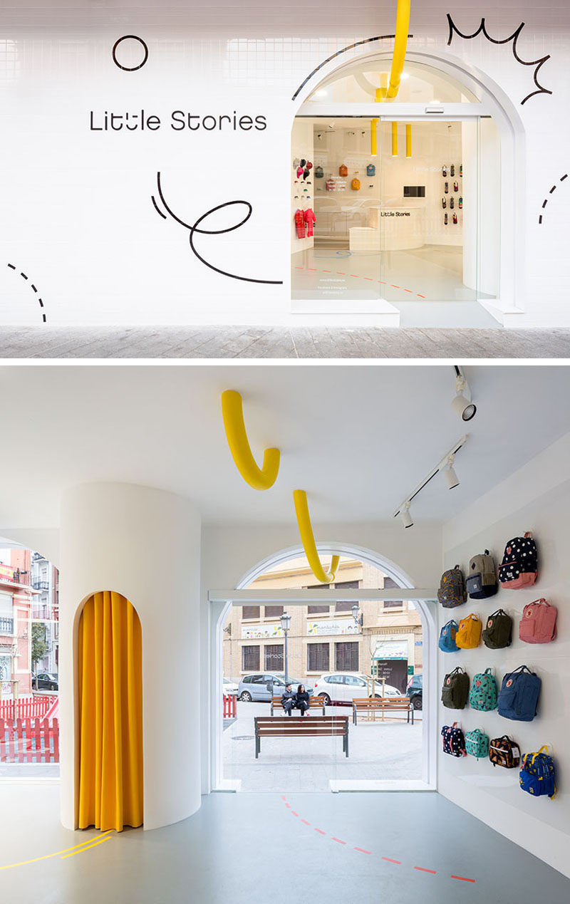 Fun graphics, a sans serif font and a yellow pipe are featured on the exterior of this modern retail store and guide you inside. #ModernRetailStore #Graphics