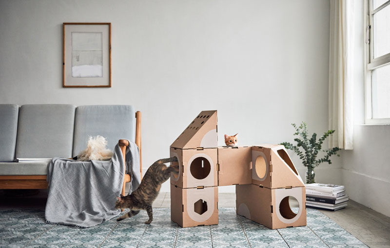 Design studio A Cat Thing have created a fun cardboard cat furniture that has a cariety of shapes and sizes. #CatFurniture #Cats #Design