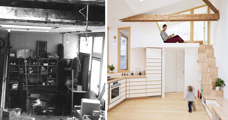This small building that was once a garage and then an artist studio, has been transformed into a small house with a kitchen, bedroom, bathroom and lofted work area. #SmallHouse #InteriorDesign #ModernInterior
