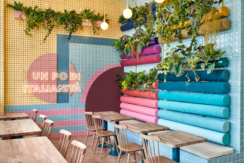 Spanish creative consultancy firm Masquespacio, have recently completed the design of Piada, a modern Italian restaurant that's located in Lyon, France. Click through to see more photos. #RestaurantDesign #ModernRestaurant #Plants #InteriorDesign