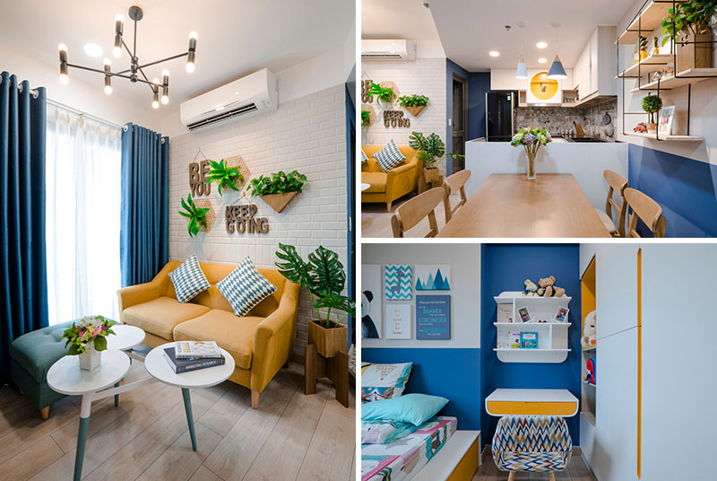 Design studio TOKI HOME have completed a cozy apartment in Vietnam for a mother and her 5-year-old son, who wanted a cheerful space that would be welcoming. Click through to see more photos of this contemporary apartment. #InteriorDesign #BlueAndYellow