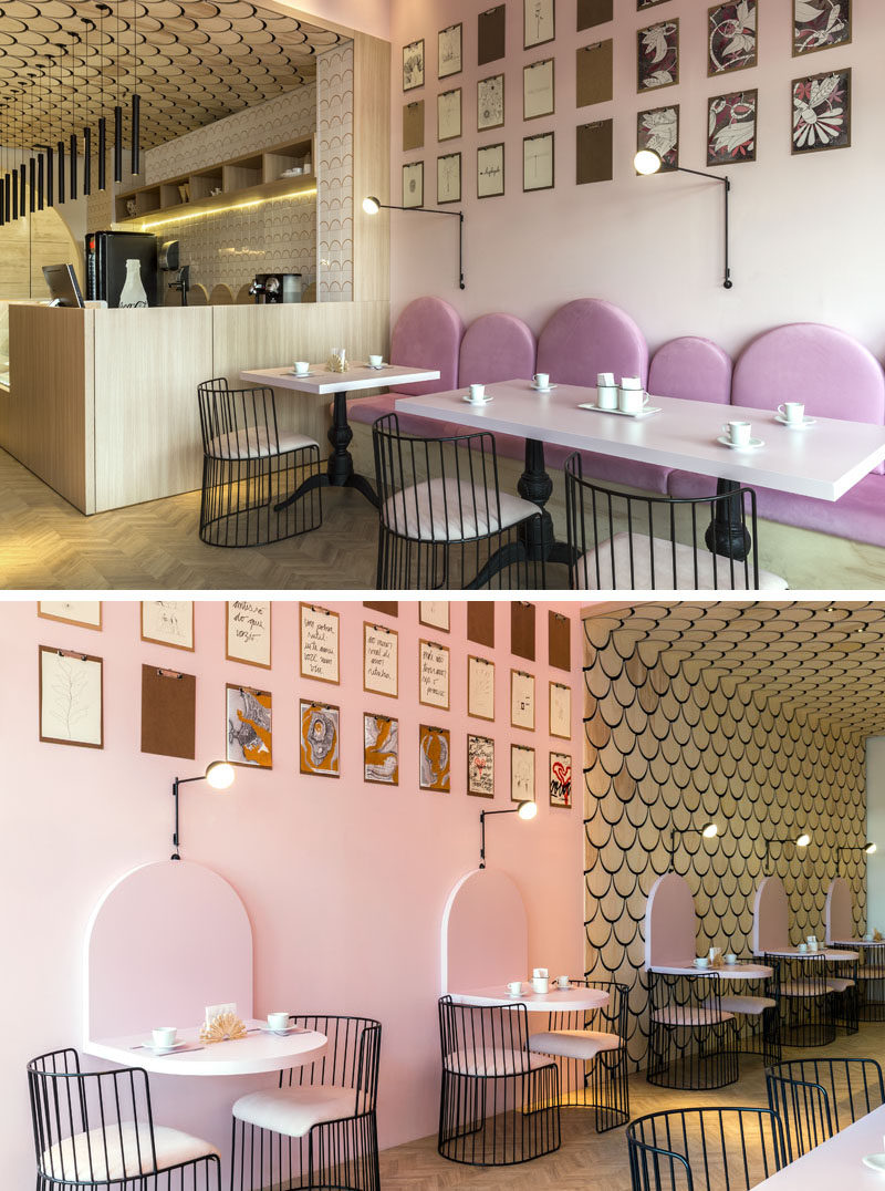 Off to the side of the service area of this modern patisserie is a seating area with pink bench seating with u-shaped backrests. #ModernCafe #ModernPatisserie #InteriorDesign