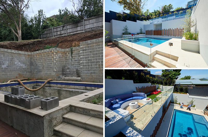 Before & After - This now modern backyard has a swimming pool, planter boxes with built-in seating, and an upper level with a curved lounge and grassy area. #Landscaping #ModernPool #PoolDesign #LandscapeDesign