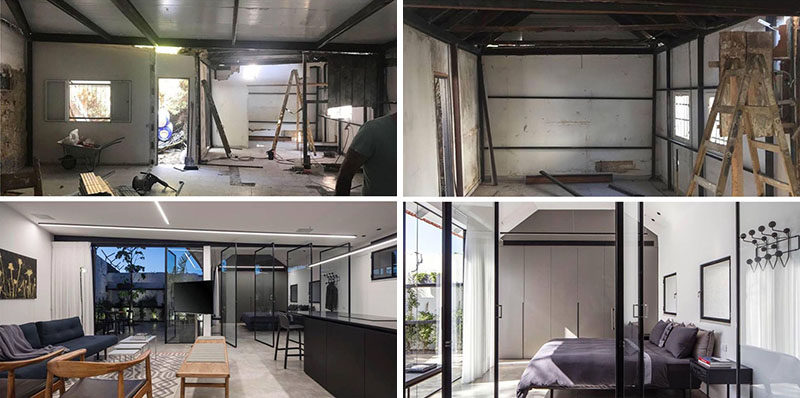 BEFORE + AFTER - Israeli architect Raz Melamed, has recently completed the renovation of a 753 square foot (70m2) studio apartment, for a couple who wished to create a modern getaway for themselves in the historic Neve Tzedek neighborhood in Tel Aviv. #Renovation #InteriorDesign #Architecture #ModernInterior