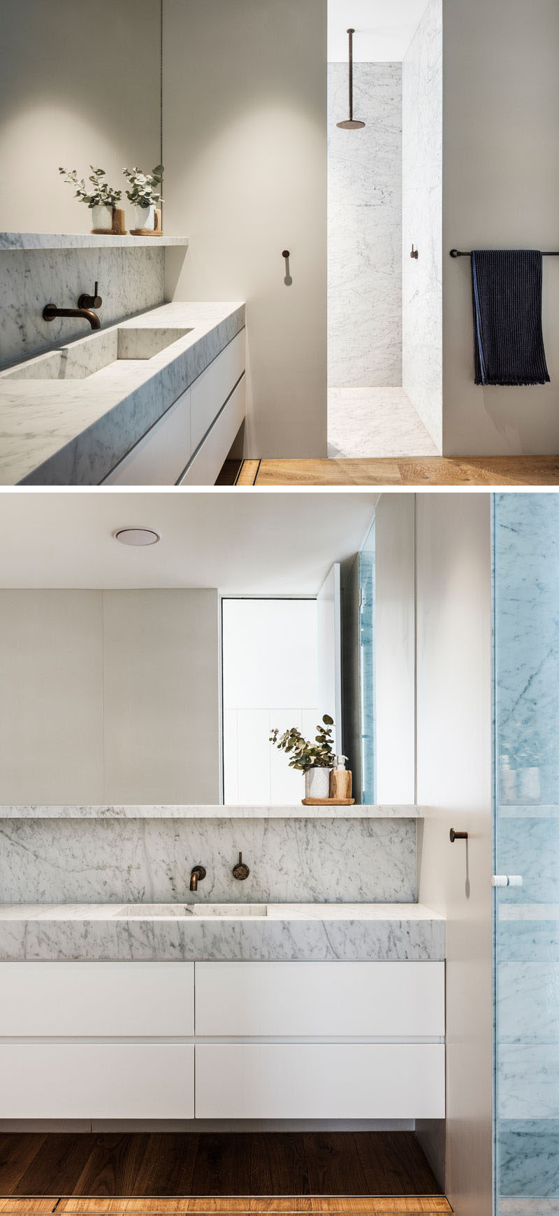 In this modern bathroom, a light grey stone countertop sits on a white vanity, and a walk-in shower has a simple rainfall shower head. #ModernBathroom #BathroomDesign