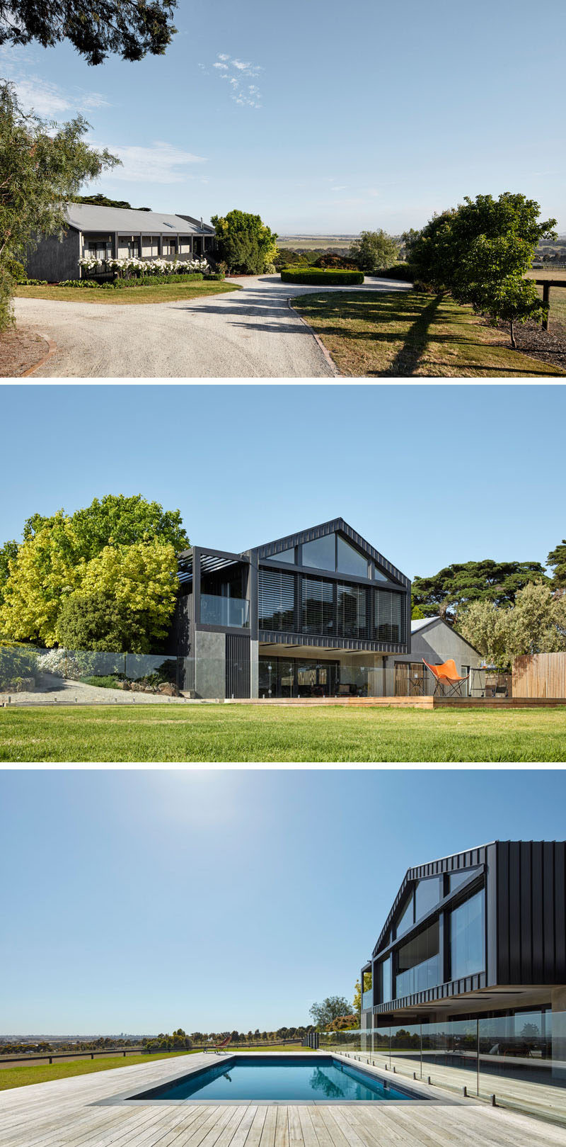 Black colorbond cladding was used for this new and modern house addition to create a striking contrast to the existing structure, which was rendered in a grey concrete. #ModernArchitecture #ModernHouse #SwimmingPool