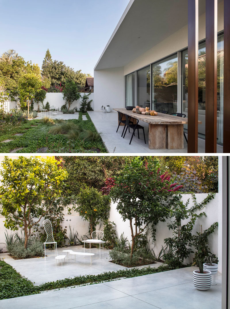 This modern house has a partially covered patio and an additional smaller patio for relaxing in the sun. #OutdoorSpace #Landscaping #Patio #Garden