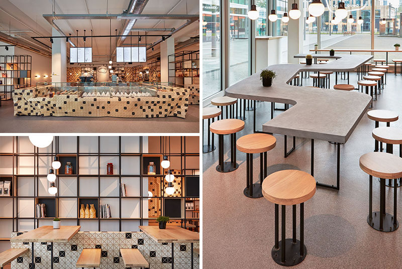 Studio Akkerhuis has recently completed the design of the Lebkov & Sons Café in Amsterdam, that features the use of Wood-Skin, steel and concrete. #CafeDesign #Concrete #CoffeeShop