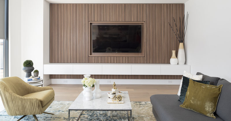 tv wood accent slat living modern feature contemporist walls surrounds contemporary minimal wooden slats trim designs storage features livingroom cabinets