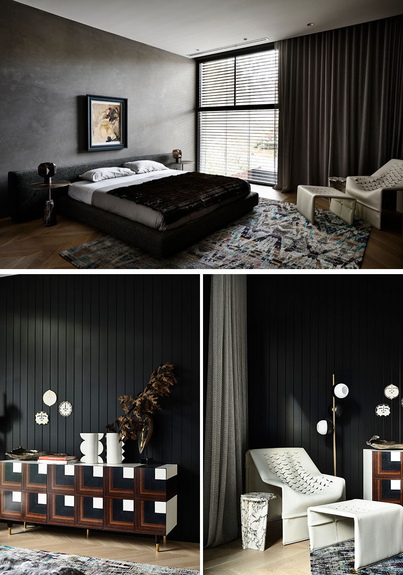 In this modern master bedroom, dark walls, curtains, and furniture contrast the light flooring and lighter elements. #ModernBedroom #DarkBedroom #BedroomDesign