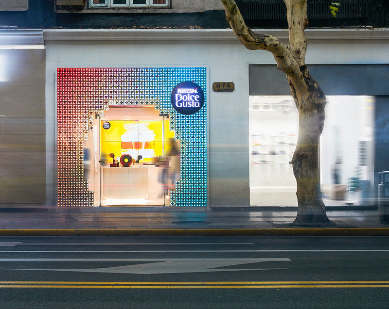 3,000 Coffee Capsules With Programmable LED Lights Have Been Used To Create This Retail Facade