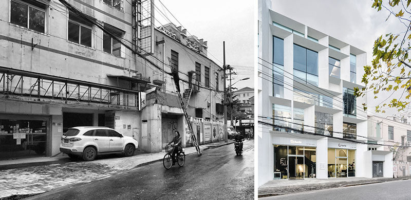 BEFORE & AFTER - Lacime ARCHITECTS has transformed a property with several run down buildings in Shanghai, China, and changed it into a bright and welcoming office building with commercial spaces. #Architecture #BuildingDesign