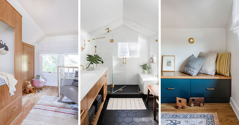 Interior design firm Casework, has updated a master bedroom suite that's located within 550 square foot of attic space in a 1912 Seattle Craftsman home. #MasterSuite #Nursery #ModernBathroom