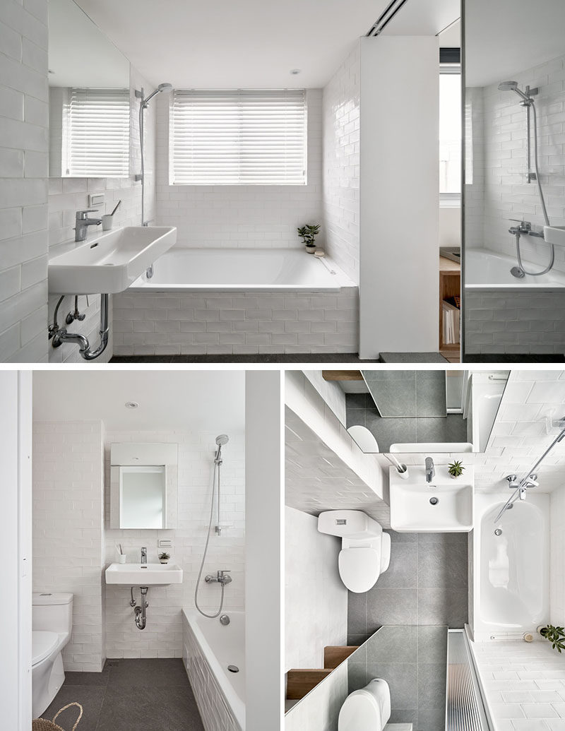 Trong phòng tắm hiện đại này, có một combo tắm / vòi hoa sen ở một bên của bàn trang điểm, và bên kia là nhà vệ sinh và một số kệ mở. Bằng cách sử dụng các bức tường trắng trên các bức tường, nó giúp giữ cho không gian nhỏ sáng, làm cho nó có cảm giác lớn hơn nó. #ModernB Tắm #SmallB Tắm #WhiteB Tắm