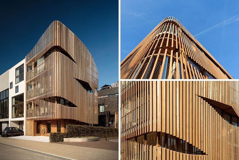 Amsterdam-based studio GG-loop has recently completed 'Freebooter', a new pre-fabricated building that houses two separate residences, and features a parametric louvered facade. #WoodFacade #WoodSlatFacade #ModernArchitecture