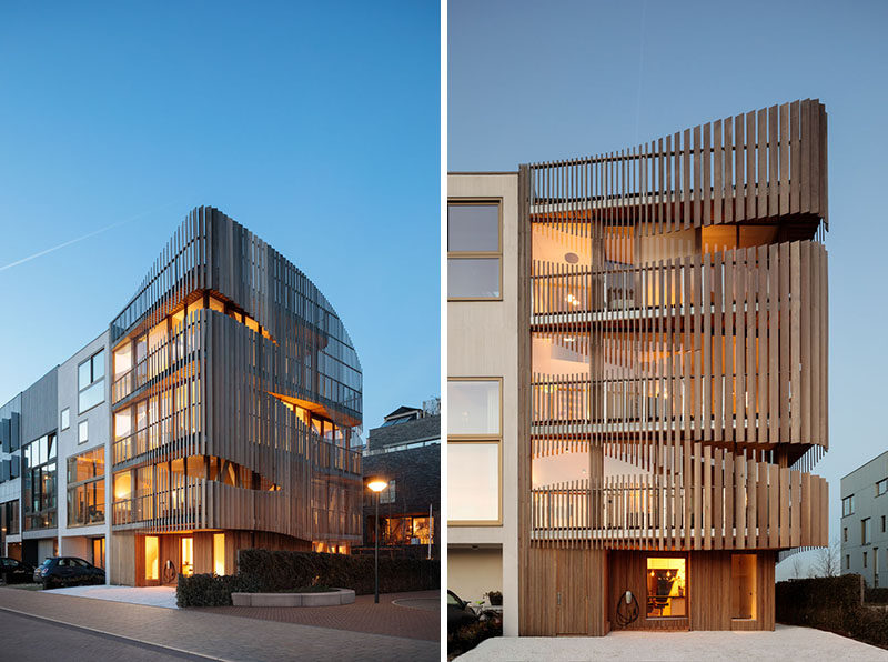 The designers' of this modern building studied the movement of the sun year-round to create the parametric shape and positioning of the building’s louvers. #WoodSlatBuilding #ModernArchitecture #Louvers #WoodFacade