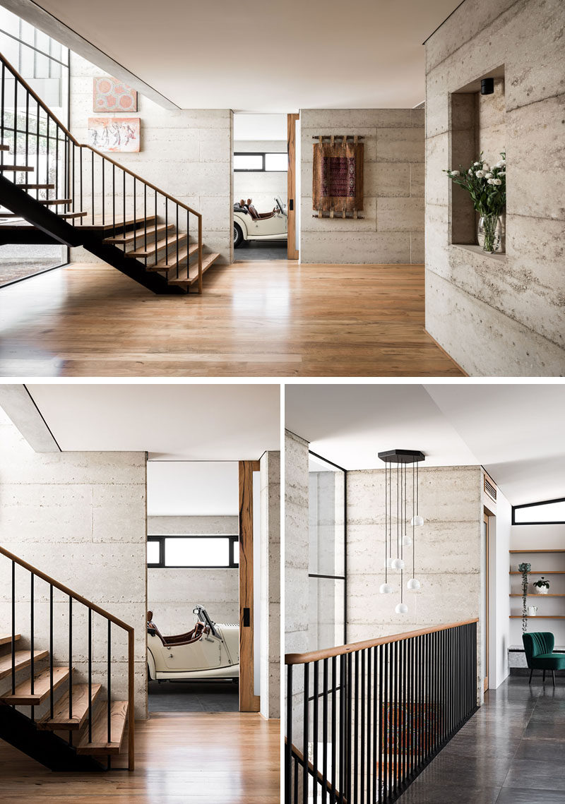 Inside this modern house, materials like rammed recycled concrete and limestone are combined with timber, that provides a softer appearance and adds a level of warmth to the interior. #ModernHouse #RammedConcrete #Stairs
