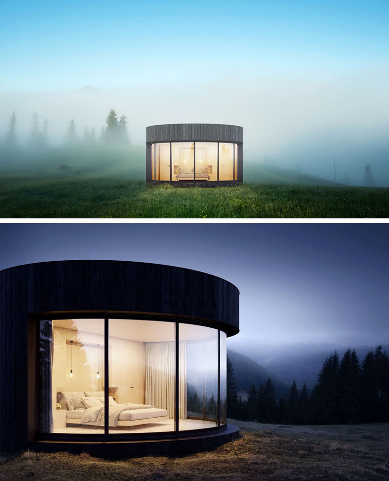 LUMICENE has recently launched LUMIPOD, a small and modern prefab cabin that's designed around their curved window, allowing the interior of the cabin to be opened to nature. #Cabin #PrefabCabin #Design