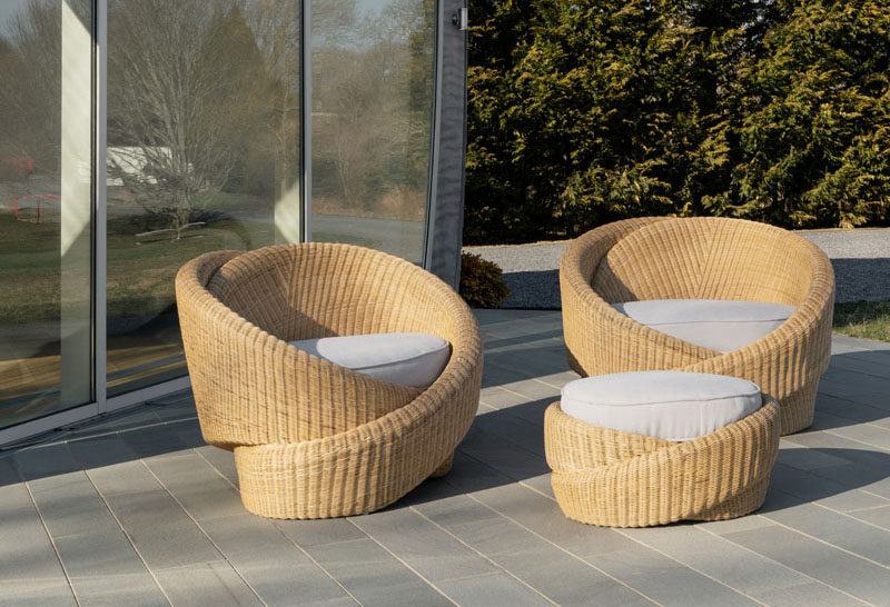 NEA Studio has designed Knotties, a set of indoor/outdoor armchairs with an ottoman, that's comprised of sculptural knot forms made from polyethylene rattan. #OutdoorFurniture #Seating #Design #FurnitureDesign