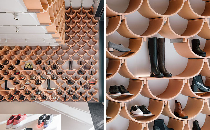 Each ceramic element allows this modern retail store to display each item separately, bringing more attention to each of the products on offer. #RetailStore #StoreDesign #Shelving #CeramicShelves