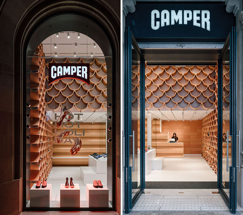 Inside, the pattern on the walls is revealed to be made up of roof-tile like ceramic elements, that neatly complement each other. #RetailStoreDesign #InteriorDesign #RetailDesign