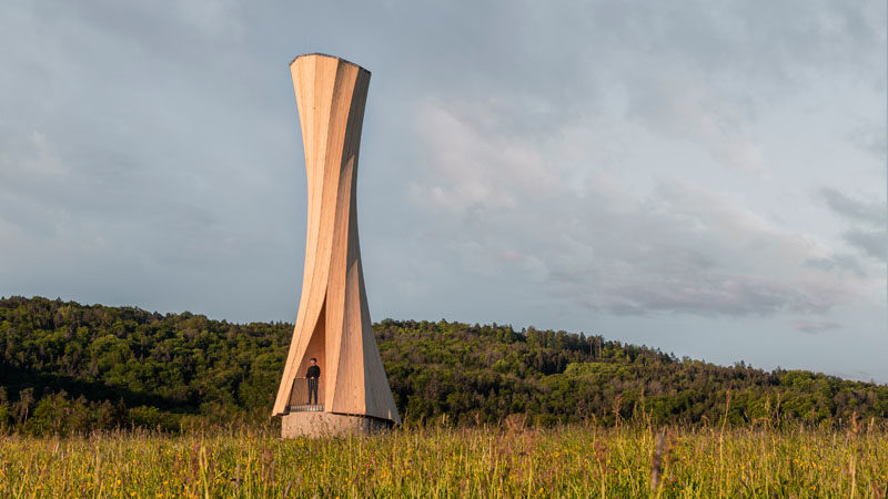 The Urbach Tower is the first wood structure made from self-shaped components, and it serves as a landmark building for the City of Urbach’s contribution to the Remstal Gartenschau 2019. #Architecture #Design #Sculpture