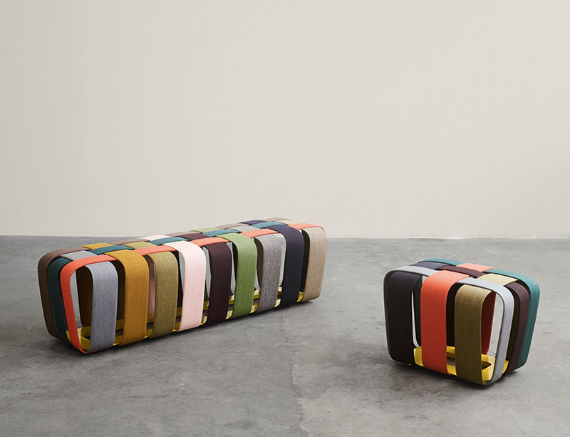 Max Lipsey has created the Woven Bench, that makes use of colorful upholstered strips of metal to create a modern bench. #ModernFurniture #ModernBench #ModernSeating