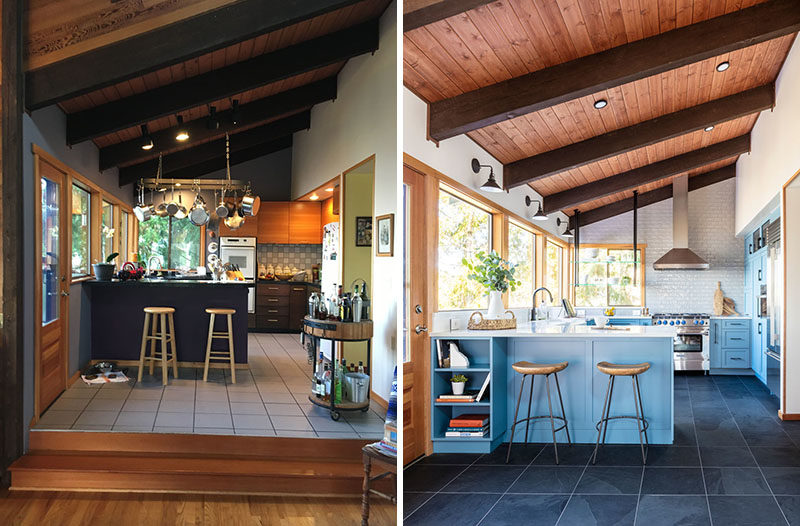 Before And After ? A Dark And Dated Kitchen Has Been Transformed With Matte Blue Cabinets And Light Grey Wall Tiles