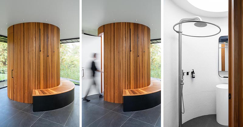 This modern pool house by Maurice Martel architecte, has been designed for year-round use, and has a red cedar clad circular bathroom. #CircularBathroom #RoundBathroom #PoolHouse