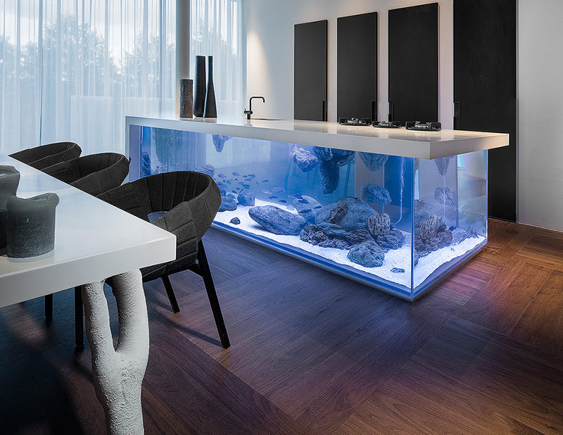 A kitchen island with an aquarium inside it