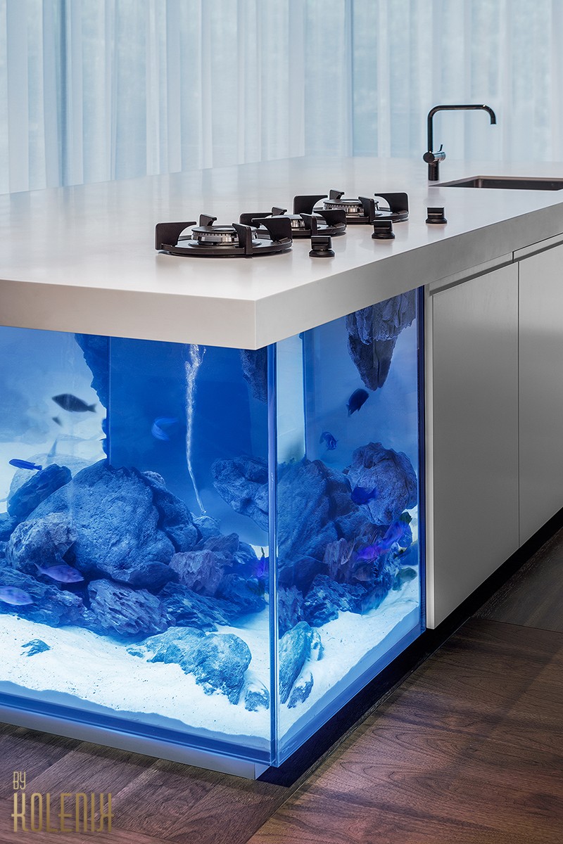 A kitchen island with an aquarium inside it