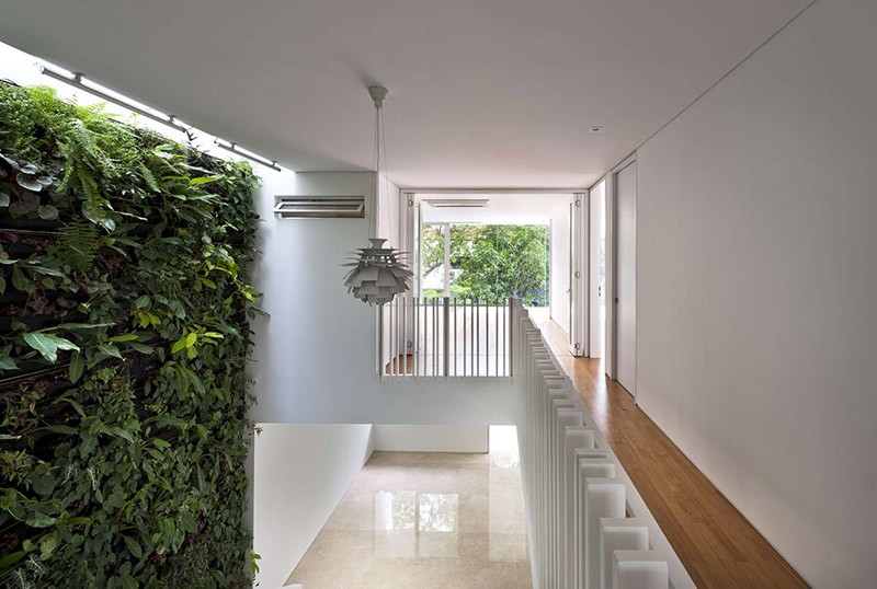 A green wall next to the stairs