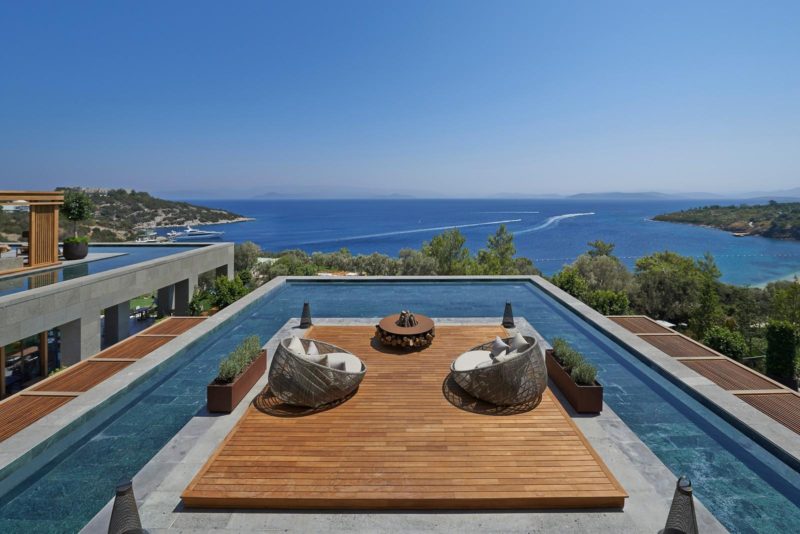 This rooftop sun-deck and pool designed by Scape Design Associates, can be found at the Mandarin Oriental Hotel in Bodrum, Turkey.