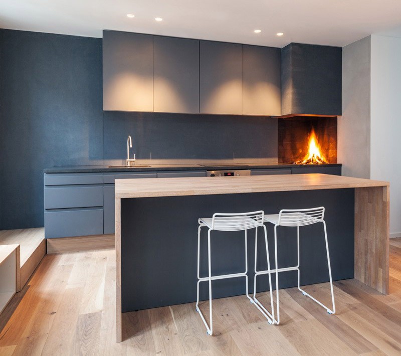 Open Wood-Burning Fireplace In A Kitchen