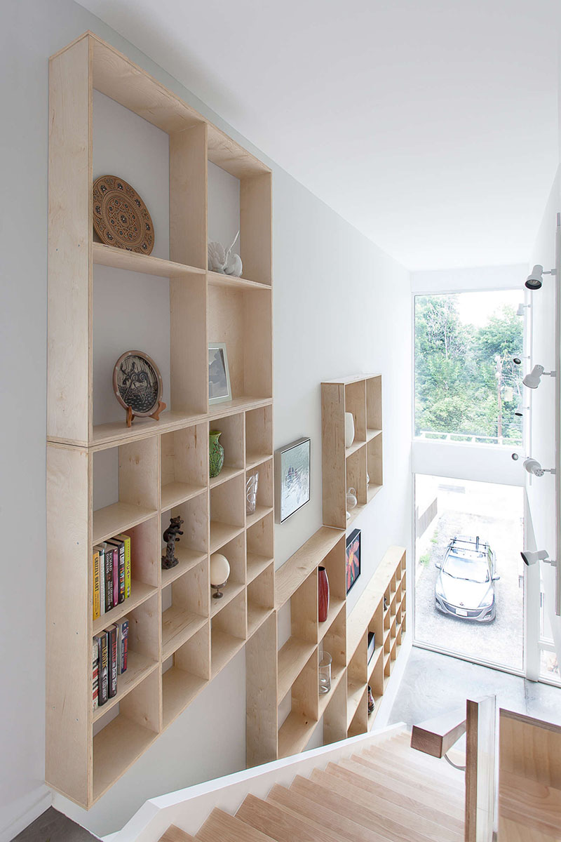 A grid of plywood shelves