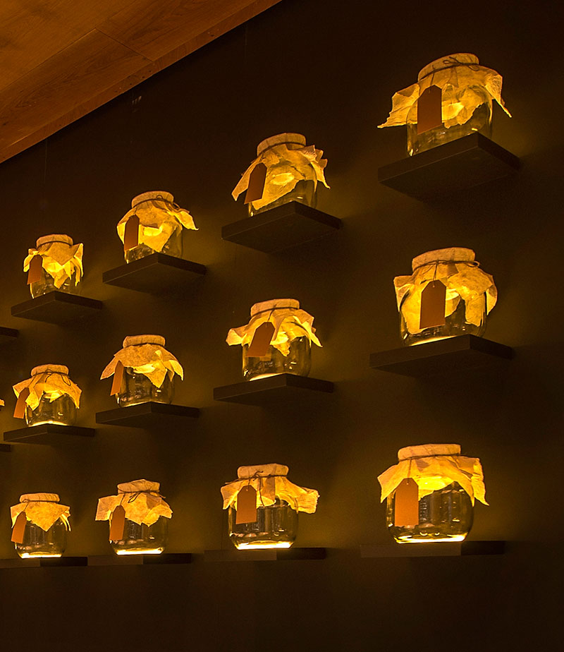 A Wall Of Uplit Glass Jars