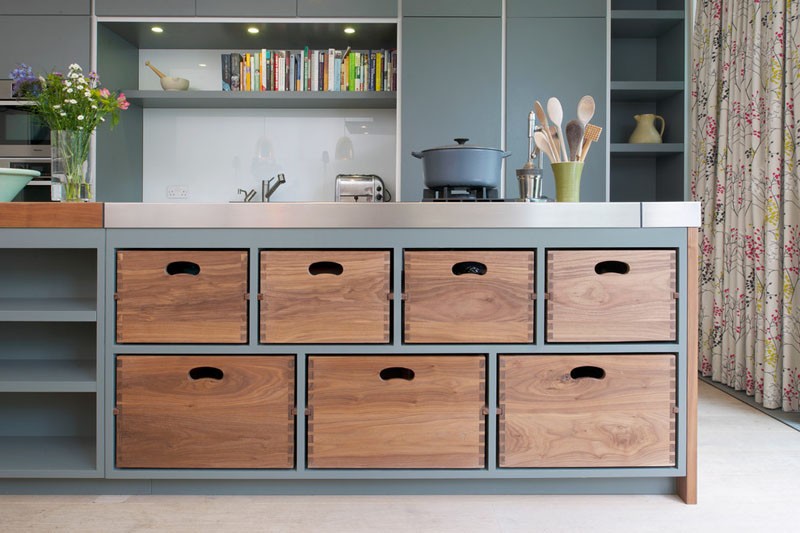 Kitchen island with removable wood boxes