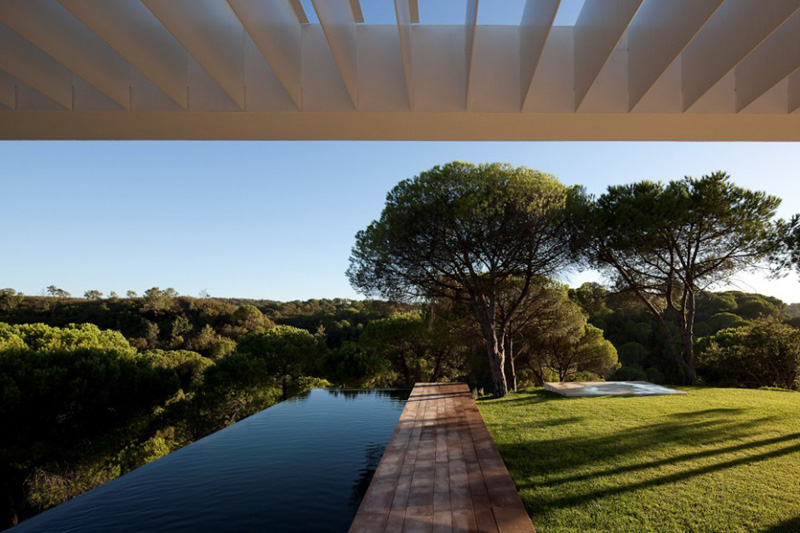 An infinity edge swimming pool with a small deck that's surrounded by lush landscaping.