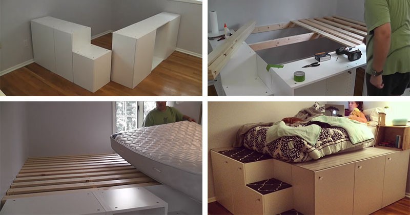 Watch this guy transform IKEA kitchen cabinets into a platform bed with storage