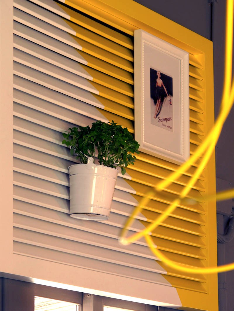 Decorative blinds painted white and yellow