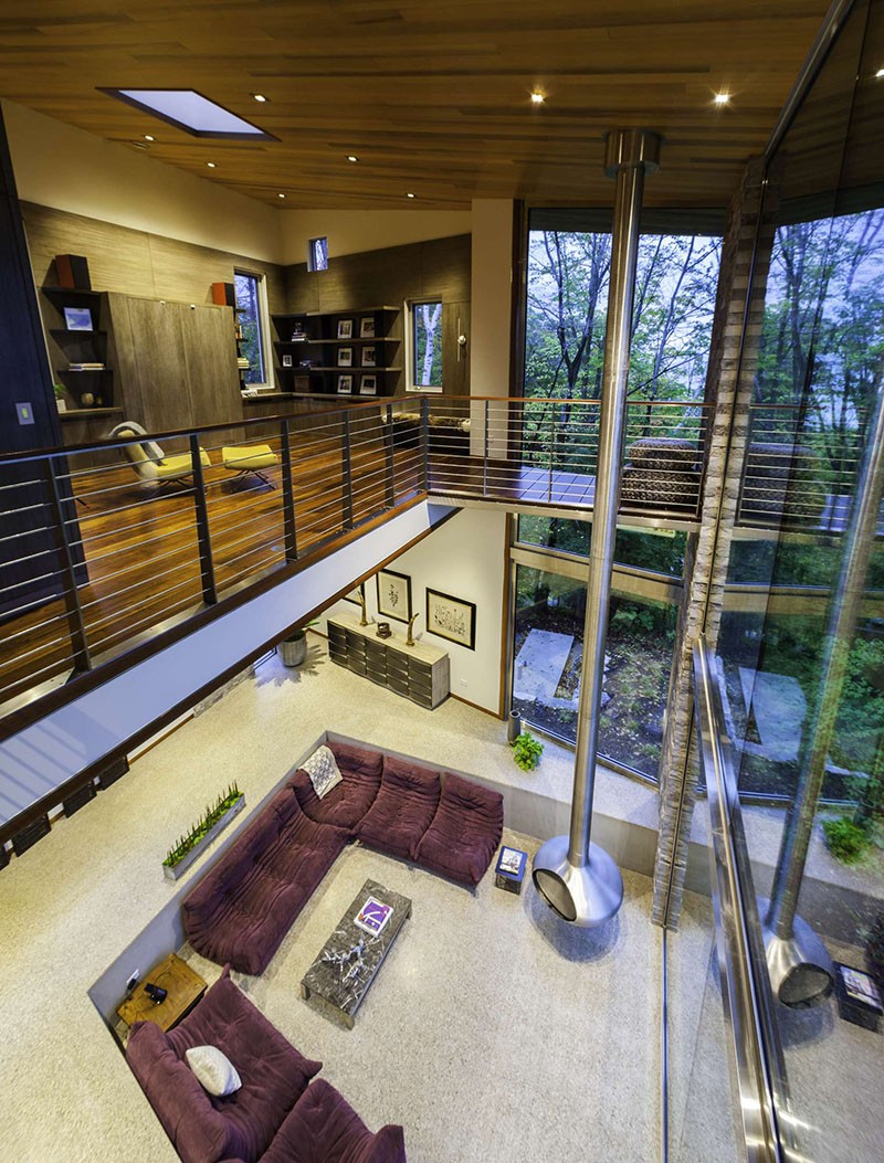 A hanging fireplace in a house in Michigan