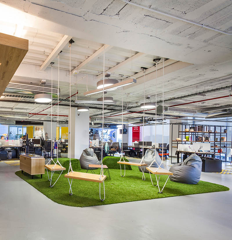 This 'hang-out' area with swings, was spotted in the Red Bull offices in Mexico City, designed by SPACE.