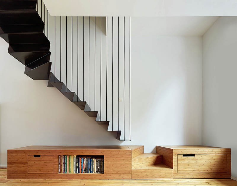 A suspended steel staircase