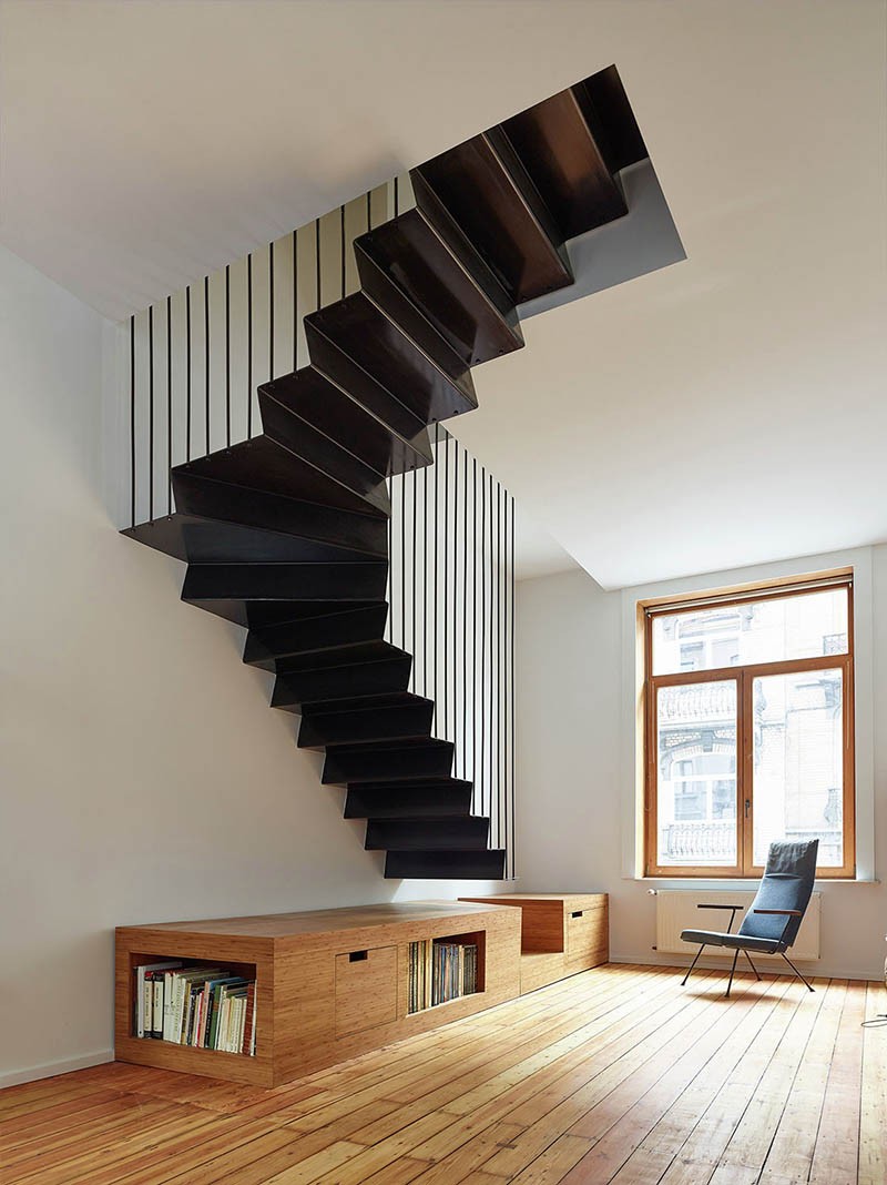 A suspended steel staircase