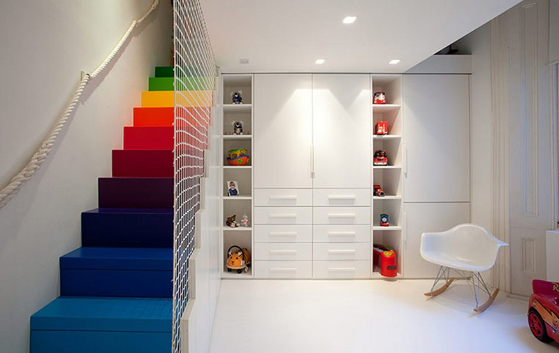 Rainbow Stairs Add Color To This Otherwise White Room