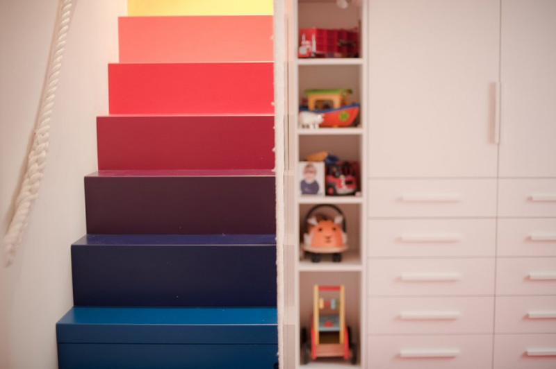 Rainbow Stairs Add Color To This Otherwise White Room