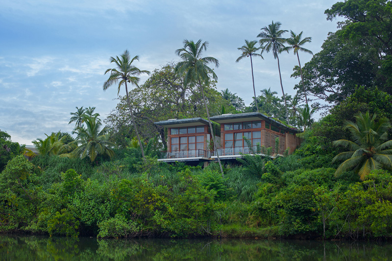 This vacation resort is on an island in the middle of a Sri Lankan lake.